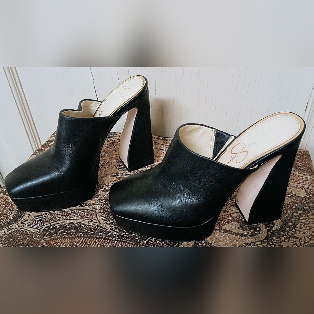 Jessica Simpson Denima Black Leather Platform Slip-On Mules Women's Size 7M - Picture 2 of 12